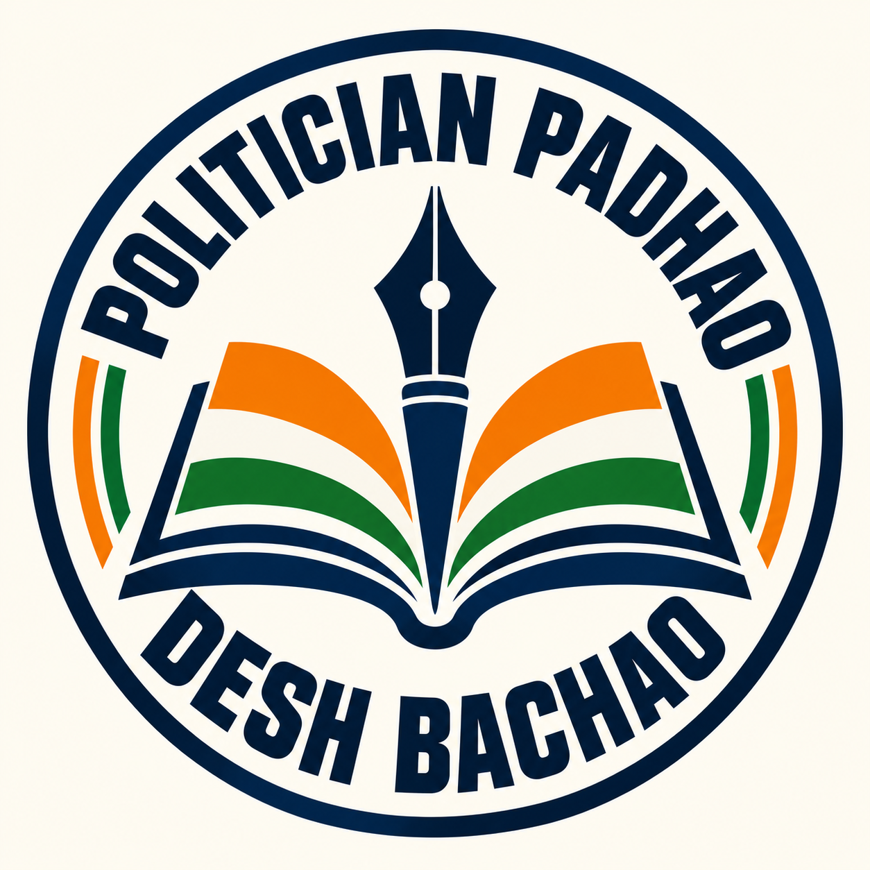 Politician Padhao, Desh Bachao logo: an open book and fountain pen in the Indian tricolour